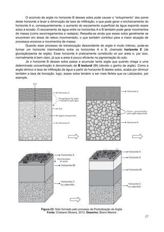17
O acúmulo de argila no horizonte B desses solos pode causar o “entupimento” dos poros
deste horizonte e levar a diminuição da taxa de infiltração, o que pode gerar o encharcamento do
horizonte A e, consequentemente, o aumento do escoamento superficial da água expondo esses
solos à erosão. O escoamento da água entre os horizontes A e B também pode gerar movimentos
de massa (como escorregamentos e rastejos). Ressalta-se ainda que esses solos geralmente se
encontram em áreas de relevo movimentado, o que também contribui para a maior atuação de
processos erosivos e movimentos de massa.
Quando esse processo de translocação descendente de argila é muito intenso, pode-se
formar um horizonte intermediário entre os horizontes A e B, chamado horizonte E (de
eluviação/perda de argila). Esse horizonte é praticamente constituído só por areia e, por isso,
normalmente é bem claro, já que a areia é pouco eficiente na pigmentação do solo.
Já o horizonte B desses solos passa a acumular tanta argila que quando chega a uma
determinada concentração é denominado de B textural (Bt) (devido o ganho de argila). Como a
argila diminui a taxa de infiltração da água a partir do horizonte B destes solos, acaba por diminuir
também a taxa de lixiviação, logo, esses solos tendem a ser mais férteis que os Latossolos, por
exemplo.
Figura 23: Solo formado pelo processo de Podzolização de Argila.
Fonte: Cristiane Oliveira, 2012. Desenho: Breno Marent.
 