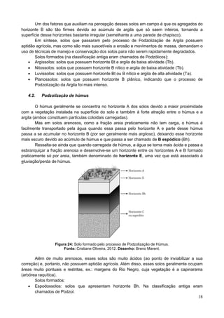 18
Um dos fatores que auxiliam na percepção desses solos em campo é que os agregados do
horizonte B são tão firmes devido ao acúmulo de argila que só saem inteiros, tornando a
superfície desse horizontes bastante irregular (semelhante a uma parede de chapisco).
Em síntese, solos que passaram pelo processo de Podzolização de Argila possuem
aptidão agrícola, mas como são mais suscetíveis a erosão e movimentos de massa, demandam o
uso de técnicas de manejo e conservação dos solos para não serem rapidamente degradados.
Solos formados (na classificação antiga eram chamados de Podzólicos):
 Argissolos: solos que possuem horizonte Bt e argila de baixa atividade (Tb).
 Nitossolos: solos que possuem horizonte B nítico e argila de baixa atividade (Tb).
 Luvissolos: solos que possuem horizonte Bt ou B nítico e argila de alta atividade (Ta).
 Planossolos: solos que possuem horizonte B plânico, indicando que o processo de
Podzolização da Argila foi mais intenso.
4.2. Podzolização de húmus
O húmus geralmente se concentra no horizonte A dos solos devido a maior proximidade
com a vegetação instalada na superfície do solo e também à forte atração entre o húmus e a
argila (ambos constituem partículas coloidais carregadas).
Mas em solos arenosos, como a fração areia praticamente não tem carga, o húmus é
facilmente transportado pela água quando essa passa pelo horizonte A e parte desse húmus
passa a se acumular no horizonte B (por ser geralmente mais argiloso), deixando esse horizonte
mais escuro devido ao acúmulo de húmus e que passa a ser chamado de B espódico (Bh).
Ressalta-se ainda que quando carregada de húmus, a água se torna mais ácida e passa a
esbranquiçar a fração arenosa e desenvolve-se um horizonte entre os horizontes A e B formado
praticamente só por areia, também denominado de horizonte E, uma vez que está associado à
eluviação/perda de húmus.
Figura 24: Solo formado pelo processo de Podzolização de Húmus.
Fonte: Cristiane Oliveira, 2012. Desenho: Breno Marent.
Além de muito arenosos, esses solos são muito ácidos (ao ponto de inviabilizar a sua
correção) e, portanto, não possuem aptidão agrícola. Além disso, esses solos geralmente ocupam
áreas muito pontuais e restritas, ex.: margens do Rio Negro, cuja vegetação é a capinarama
(arbórea raquítica).
Solos formados:
 Espodossolos: solos que apresentam horizonte Bh. Na classificação antiga eram
chamados de Podzol.
 
