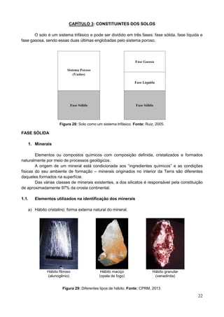 22
CAPÍTULO 3: CONSTITUINTES DOS SOLOS
O solo é um sistema trifásico e pode ser dividido em três fases: fase sólida, fase líquida e
fase gasosa, sendo essas duas últimas englobadas pelo sistema poroso.
Figura 28: Solo como um sistema trifásico. Fonte: Ruiz, 2005.
FASE SÓLIDA
1. Minerais
Elementos ou compostos químicos com composição definida, cristalizados e formados
naturalmente por meio de processos geológicos.
A origem de um mineral está condicionada aos “ingredientes químicos” e as condições
físicas do seu ambiente de formação – minerais originados no interior da Terra são diferentes
daqueles formados na superfície.
Das várias classes de minerais existentes, a dos silicatos é responsável pela constituição
de aproximadamente 97% da crosta continental.
1.1. Elementos utilizados na identificação dos minerais
a) Hábito cristalino: forma externa natural do mineral.
Hábito fibroso
(alunogênio)
Hábito maciço
(opala de fogo)
Hábito granular
(vanadinita)
Figura 29: Diferentes tipos de hábito. Fonte: CPRM, 2013.
 
