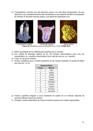 23
b) Transparência: minerais que não absorvem pouco a luz são ditos transparentes. Os que
absorvem a luz consideravelmente são translúcidos (o que depende também da espessura
do mineral). E há ainda minerais opacos, que absorvem totalmente a luz.
Transparente (cristal) Translúcido (ágata) Opaco (pirita)
Figura 30: Diferentes níveis de absorção de luz. Fonte: CPRM, 2013.
c) Brilho: quantidade de luz refletida pela superfície de um mineral.
d) Cor: resulta da absorção seletiva da luz. Há minerais idiocromáticos (com uma cor
característica, ex.: enxofre) e alocromático (com mais de uma cor, ex.: quartzo).
e) Traço: cor do pó do mineral.
f) Dureza: resistência que o mineral apresenta ao ser riscado (baseado na escala de Mohs
que varia de 1 a 10).
Escala de Mohs
Dureza Mineral
1 Talco
2 Gipsita
3 Calcita
4 Fluorita
5 Apatita
6 Ortoclásio
7 Quartzo
8 Topázio
9 Coríndon
10 Diamante
g) Fratura: superfície irregular e curva resultante da quebra de um mineral, depende da
estrutura atômica interna do mineral.
h) Clivagem: quebra sistemática da massa mineral em planos com notável regularidade.
 