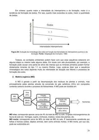 28
Em síntese: quanto maior a intensidade do intemperismo e da lixiviação, maior é a
tendência de formação de óxidos. Por isso, quanto mais evoluídos os solos, maior a quantidade
de óxidos.
Figura 38: Evolução da mineralogia dos solos em função da intensidade do intemperismo químico e da
lixiviação. Fonte: Adaptação de Crompton, 1960.
Todavia, as condições ambientais podem fazer com que essa sequência estacione em
alguma etapa ou mesmo salte alguma delas. Em locais com alta pluviosidade, por exemplo, a
lixiviação pode causar uma perda de silício tão intensa que os minerais primários podem formar
diretamente minerais do tipo 1:1 ou mesmo Óxidos. Logo, pode-se dizer que a sequência
mineralógica dos solos depende muito da intensidade de atuação dos fatores e processos de
formação dos solos.
2. Matéria orgânica (MO)
A MO é gerada a partir da decomposição dos resíduos de plantas e animais, mas
principalmente pelas plantas através da conversão do gás carbônico (CO2) em compostos
contendo carbono durante o processo de fotossíntese. A MO pode ser dividida em:
MO viva: corresponde apenas cerca de 4% do total de MO no solo. Engloba microorganismos da
fauna do solo (ex.: formigas, cupins, minhocas, insetos), raízes das plantas, etc.
MO morta: corresponde cerca de 96% do total de MO no solo. É basicamente constituída por
folhas e troncos caídos, dejetos animais, bem como animais mortos. A MO morta, por sua vez,
pode ser subdividida em:
MO
(100%)
Viva
(4%)
Morta
(96%)
Fração
macroorgânica
(10 a 30%)
Fração
microorgânica
(70 a 90%)
Fração não
húmica
(5 a 10%)
Fração húmica
(90 a 95%)
Nutrientes
 
