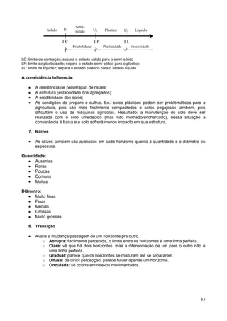 55
LC: limite de contração; separa o estado sólido para o semi-sólido
LP: limite de plasticidade; separa o estado semi-sólido para o plástico
LL: limite de liquidez; separa o estado plástico para o estado líquido
A consistência influencia:
 A resistência de penetração de raízes;
 A estrutura (estabilidade dos agregados);
 A erodibilidade dos solos;
 As condições de preparo e cultivo. Ex.: solos plásticos podem ser problemáticos para a
agricultura, pois são mais facilmente compactados e solos pegajosos também, pois
dificultam o uso de máquinas agrícolas. Resultado: a manutenção do solo deve ser
realizada com o solo umedecido (mas não molhado/encharcado), nessa situação a
consistência é baixa e o solo sofrerá menos impacto em sua estrutura.
7. Raízes
 As raízes também são avaliadas em cada horizonte quanto à quantidade e o diâmetro ou
espessura.
Quantidade:
 Ausentes
 Raras
 Poucas
 Comuns
 Muitas
Diâmetro:
 Muito finas
 Finas
 Médias
 Grossas
 Muito grossas
8. Transição
 Avalia a mudança/passagem de um horizonte pra outro.
o Abrupta: facilmente percebida, o limite entre os horizontes é uma linha perfeita.
o Clara: vê que há dois horizontes, mas a diferenciação de um para o outro não é
uma linha perfeita.
o Gradual: parece que os horizontes se misturam até se separarem.
o Difusa: de difícil percepção; parece haver apenas um horizonte.
o Ondulada: só ocorre em relevos movimentados.
LC LP LL
Friabilidade Plasticidade Viscosidade
Sólido
Semi-
sólido Plástico Líquido
U2 U3
U1
 