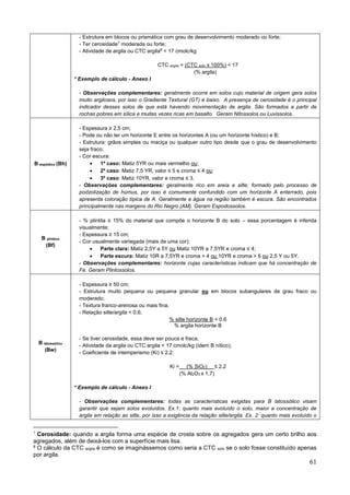 61
- Estrutura em blocos ou prismática com grau de desenvolvimento moderado ou forte;
- Ter cerosidade7
moderada ou forte;
- Atividade de argila ou CTC argila8
< 17 cmolc/kg
CTC argila = (CTC solo x 100%) < 17
(% argila)
* Exemplo de cálculo - Anexo I
- Observações complementares: geralmente ocorre em solos cujo material de origem gera solos
muito argilosos, por isso o Gradiente Textural (GT) é baixo. A presença de cerosidade é o principal
indicador desses solos de que está havendo movimentação de argila. São formados a partir de
rochas pobres em sílica e muitas vezes ricas em basalto. Geram Nitossolos ou Luvissolos.
B espódico (Bh)
- Espessura ≥ 2,5 cm;
- Pode ou não ter um horizonte E entre os horizontes A (ou um horizonte hístico) e B;
- Estrutura: grãos simples ou maciça ou qualquer outro tipo desde que o grau de desenvolvimento
seja fraco;
- Cor escura:
 1º caso: Matiz 5YR ou mais vermelho ou;
 2º caso: Matiz 7,5 YR, valor ≤ 5 e croma ≤ 4 ou;
 3º caso: Matiz 10YR, valor e croma ≤ 3.
- Observações complementares: geralmente rico em areia e silte; formado pelo processo de
podzolização de húmus, por isso é comumente confundido com um horizonte A enterrado, pois
apresenta coloração típica de A. Geralmente a água na região também é escura. São encontrados
principalmente nas margens do Rio Negro (AM). Geram Espodossolos.
B plíntico
(Bf)
- % plintita ≥ 15% do material que compõe o horizonte B do solo – essa porcentagem é inferida
visualmente;
- Espessura ≥ 15 cm;
- Cor usualmente variegada (mais de uma cor):
 Parte clara: Matiz 2,5Y a 5Y ou Matiz 10YR a 7,5YR e croma ≤ 4;
 Parte escura: Matiz 10R a 7,5YR e croma > 4 ou 10YR e croma > 6 ou 2,5 Y ou 5Y.
- Observações complementares: horizonte cujas características indicam que há concentração de
Fe. Geram Plintossolos.
B latossólico
(Bw)
- Espessura ≥ 50 cm;
- Estrutura muito pequena ou pequena granular ou em blocos subangulares de grau fraco ou
moderado;
- Textura franco-arenosa ou mais fina;
- Relação silte/argila < 0,6;
% silte horizonte B < 0.6
% argila horizonte B
- Se tiver cerosidade, essa deve ser pouca e fraca;
- Atividade da argila ou CTC argila < 17 cmolc/kg (idem B nítico);
- Coeficiente de intemperismo (Ki) ≤ 2,2:
Ki = __(% SiO2)__ ≤ 2,2
(% Al2O3 x 1,7)
* Exemplo de cálculo - Anexo I
- Observações complementares: todas as características exigidas para B latossólico visam
garantir que sejam solos evoluídos. Ex.1: quanto mais evoluído o solo, maior a concentração de
argila em relação ao silte, por isso a exigência da relação silte/argila. Ex. 2: quanto mais evoluído o
7
Cerosidade: quando a argila forma uma espécie de crosta sobre os agregados gera um certo brilho aos
agregados, além de deixá-los com a superfície mais lisa.
8 O cálculo da CTC argila é como se imaginássemos como seria a CTC solo se o solo fosse constituído apenas
por argila.
 