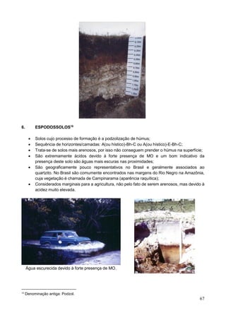 67
6. ESPODOSSOLOS16
 Solos cujo processo de formação é a podzolização de húmus;
 Sequência de horizontes/camadas: A(ou hístico)-Bh-C ou A(ou hístico)-E-Bh-C;
 Trata-se de solos mais arenosos, por isso não conseguem prender o húmus na superfície;
 São extremamente ácidos devido à forte presença de MO e um bom indicativo da
presença deste solo são águas mais escuras nas proximidades;
 São geograficamente pouco representativos no Brasil e geralmente associados ao
quartzito. No Brasil são comumente encontrados nas margens do Rio Negro na Amazônia,
cuja vegetação é chamada de Campinarama (aparência raquítica);
 Considerados marginais para a agricultura, não pelo fato de serem arenosos, mas devido à
acidez muito elevada.
Água escurecida devido à forte presença de MO.
16
Denominação antiga: Podzol.
 
