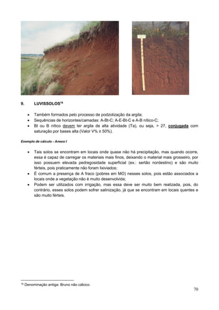 70
9. LUVISSOLOS19
 Também formados pelo processo de podzolização da argila;
 Sequências de horizontes/camadas: A-Bt-C; A-E-Bt-C e A-B nítico-C;
 Bt ou B nítico devem ter argila de alta atividade (Ta), ou seja, > 27, conjugada com
saturação por bases alta (Valor V% ≥ 50%).
Exemplo de cálculo - Anexo I
 Tais solos se encontram em locais onde quase não há precipitação, mas quando ocorre,
essa é capaz de carregar os materiais mais finos, deixando o material mais grosseiro, por
isso possuem elevada pedregosidade superficial (ex.: sertão nordestino) e são muito
férteis, pois praticamente não foram lixiviados;
 É comum a presença de A fraco (pobres em MO) nesses solos, pois estão associados a
locais onde a vegetação não é muito desenvolvida;
 Podem ser utilizados com irrigação, mas essa deve ser muito bem realizada, pois, do
contrário, esses solos podem sofrer salinização, já que se encontram em locais quentes e
são muito férteis.
19 Denominação antiga: Bruno não cálcico.
 