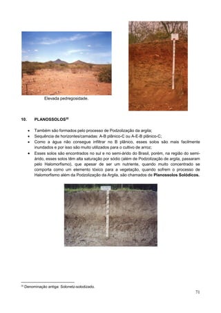 71
Elevada pedregosidade.
10. PLANOSSOLOS20
 Também são formados pelo processo de Podzolização da argila;
 Sequência de horizontes/camadas: A-B plânico-C ou A-E-B plânico-C;
 Como a água não consegue infiltrar no B plânico, esses solos são mais facilmente
inundados e por isso são muito utilizados para o cultivo de arroz;
 Esses solos são encontrados no sul e no semi-árido do Brasil, porém, na região do semi-
árido, esses solos têm alta saturação por sódio (além de Podzolização de argila, passaram
pelo Halomorfismo), que apesar de ser um nutriente, quando muito concentrado se
comporta como um elemento tóxico para a vegetação, quando sofrem o processo de
Halomorfismo além da Podzolização da Argila, são chamados de Planossolos Solódicos.
20
Denominação antiga: Solonetz-solodizado.
 