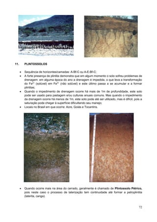 72
11. PLINTOSSOLOS
 Sequência de horizontes/camadas: A-Bf-C ou A-E-Bf-C;
 A forte presença de plintita demonstra que em algum momento o solo sofreu problemas de
drenagem: em alguma época do ano a drenagem é impedida, o que leva a transformação
do Fe2+
(solúvel) em Fe3+
(não solúvel) e este último passa a se acumular e a formar
plintitas;
 Quando o impedimento de drenagem ocorre há mais de 1m de profundidade, este solo
pode ser usado para pastagem e/ou culturas anuais comuns. Mas quando o impedimento
da drenagem ocorre há menos de 1m, este solo pode até ser utilizado, mas é difícil, pois a
saturação pode chegar à superfície dificultando seu manejo;
 Locais no Brasil em que ocorre: Acre, Goiás e Tocantins.
 Quando ocorre mais na área do cerrado, geralmente é chamado de Plintossolo Pétrico,
pois neste caso o processo de laterização tem continuidade até formar a petroplintita
(laterita, canga).
 