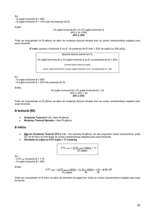89
Ex.:
- % argila horizonte B = 45%
- % argila horizonte A = 15% (não há presença de E)
Então:
(% argila horizonte B) ≥ 2x (% argila horizonte A)
45% ≥ 2x (15%)
45% ≥ 30%
Pode ser enquadrado no B plânico se além de mudança textural abrupta tiver as outras características exigidas para
esse horizonte.
2º caso: quando o horizonte A (ou E, na presença de E) tiver > 20% de argila (ou 200 g/Kg).
Quando textura estiver em %:
(% argila horizonte B) ≥ (% argila horizonte A ou E, na presença de E) + 20%
Quando textura estiver em g/Kg:
(quant. argila horizonte B) ≥ (quant. argila horizonte A ou E, na presença de E) + 200
Ex.:
- % argila horizonte B = 65%
- % argila horizonte E = 35% (há presença de E)
Então:
(% argila horizonte B) ≥ (% argila horizonte E) + 20
65% ≥ 35% + 20
65% ≥ 55%
Pode ser enquadrado no B plânico se além de mudança textural abrupta tiver as outras características exigidas para
esse horizonte.
B textural (Bt)
 Gradiente Textural ≥ 1,5 – Idem B plânico.
 Mudança Textural Abrupta – Idem B plânico.
B nítico
 Não ter Gradiente Textural (GT) ≥ 1,5 – Ver exemplo B plânico, se não enquadrar nessa característica, pode
ser um B nítico se tiver todas as outras características exigidas para esse horizonte.
 Atividade da argila ou CTC argila < 17 cmolc/kg
CTC argila = (CTC solo x 100%) < 17
(% argila)
Ex.:
- CTC solo horizonte B = 1,70
- % argila horizonte B = 36%
Então:
CTC argila = (CTC solo x 100%) = (1,70 x 100%) = 170 = 4,72 <17
(% argila) 36 36
Pode ser enquadrado no B nítico se além da atividade da argila tiver todas as outras características exigidas para esse
horizonte.
 