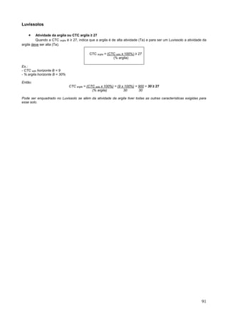 91
Luvissolos
 Atividade da argila ou CTC argila ≥ 27
Quando a CTC argila é ≥ 27, indica que a argila é de alta atividade (Ta) e para ser um Luvissolo a atividade da
argila deve ser alta (Ta).
CTC argila = (CTC solo x 100%) ≥ 27
(% argila)
Ex.:
- CTC solo horizonte B = 9
- % argila horizonte B = 30%
Então:
CTC argila = (CTC solo x 100%) = (9 x 100%) = 900 = 30 ≥ 27
(% argila) 30 30
Pode ser enquadrado no Luvissolo se além da atividade da argila tiver todas as outras características exigidas para
esse solo.
 