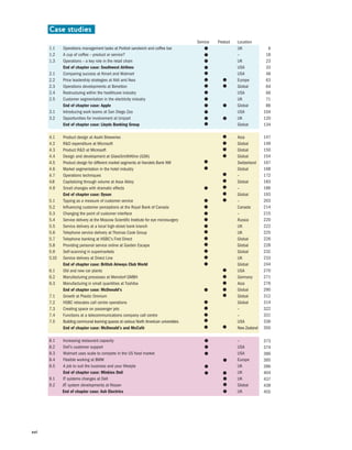 xvi
Service Product Location
1.1 Operations management tasks at Portioli sandwich and coffee bar UK
1.2 A cup of coffee – product or service? –
1.3 Operations – a key role in the retail chain UK
End of chapter case: Southwest Airlines USA
2.1 Comparing success at Kmart and Walmart USA
2.2 Price leadership strategies at Aldi and Ikea Europe
2.3 Operations developments at Benetton Global
2.4 Restructuring within the healthcare industry USA
2.5 Customer segmentation in the electricity industry UK
End of chapter case: Apple Global
3.1 Introducing work teams at San Diego Zoo USA
3.2 Opportunities for involvement at Unipart UK
End of chapter case: Lloyds Banking Group Global
4.1 Product design at Asahi Breweries Asia
4.2 R&D expenditure at Microsoft Global
4.3 Product R&D at Microsoft Global
4.4 Design and development at GlaxoSmithKline (GSK) Global
4.5 Product design for different market segments at Handels Bank NW Switzerland
4.6 Market segmentation in the hotel industry Global
4.7 Operations techniques –
4.8 Capitalizing through volume at Assa Abloy Global
4.9 Small changes with dramatic effects –
End of chapter case: Dyson Global
5.1 Tipping as a measure of customer service –
5.2 Influencing customer perceptions at the Royal Bank of Canada Canada
5.3 Changing the point of customer interface –
5.4 Service delivery at the Moscow Scientific Institute for eye microsurgery Russia
5.5 Service delivery at a local high-street bank branch UK
5.6 Telephone service delivery at Thomas Cook Group UK
5.7 Telephone banking at HSBC’s First Direct Global
5.8 Providing personal service online at Garden Escape Global
5.9 Self-scanning in supermarkets Global
5.10 Service delivery at Direct Line UK
End of chapter case: British Airways Club World Global
6.1 Old and new car plants USA
6.2 Manufacturing processes at Meindorf GMBH Germany
6.3 Manufacturing in small quantities at Toshiba Asia
End of chapter case: McDonald’s Global
7.1 Growth at Plastic Omnium Global
7.2 HSBC relocates call centre operations Global
7.3 Creating space on passenger jets –
7.4 Functions at a telecommunications company call centre –
7.5 Building communal learning spaces at various North American universities USA
End of chapter case: McDonald’s and McCafé New Zealand
8.1 Increasing restaurant capacity –
8.2 Dell’s customer support USA
8.3 Walmart uses scale to compete in the US food market USA
8.4 Flexible working at BMW Europe
8.5 A job to suit the business and your lifestyle UK
End of chapter case: Minkies Deli UK
9.1 IT systems changes at Dell UK
9.2 JIT system developments at Nissan Global
End of chapter case: Ash Electrics UK
Case studies
6
18
23
33
48
63
64
66
71
86
104
120
134
147
149
150
154
167
168
172
183
186
193
203
214
215
220
222
225
226
228
232
233
244
270
271
276
290
312
314
322
331
336
350
373
374
386
395
396
404
437
439
455
 