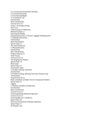 5.2.2 Comparing Floating-Point Numbers
5.2.3 Comparing Strings
5.2.4 Comparing Objects
5.2.5 Testing for null
InterActivities
More InterActivities
Common Error 5.2
Using == to Compare Strings
How To 5.1
Implementing an if Statement
Worked Example 5.1
Extracting the Middle
Computing & Society 5.1 Denver’s Luggage Handling System
5.3 Multiple Alternatives
InterActivities
More InterActivities
Special Topic 5.2
The switch Statement
5.4 Nested Branches
InterActivities
More InterActivities
Programming Tip 5.5
Hand-Tracing
Common Error 5.3
The Dangling else Problem
Special Topic 5.3
Block Scope
Special Topic 5.4
Enumeration Types
5.5 Problem Solving: Flowcharts
InterActivities
5.6 Problem Solving: Selecting Test Cases (Testing Track)
InterActivities
Programming Tip 5.6
Make a Schedule and Make Time for Unexpected Problems
Special Topic 5.5
Logging
5.7 Boolean Variables and Operators
InterActivities
More InterActivities
Common Error 5.4
Combining Multiple Relational Operators
Common Error 5.5
Confusing && and || Conditions
Special Topic 5.6
Short-Circuit Evaluation of Boolean Operators
Special Topic 5.7
De Morgan’s Law
 