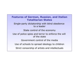 Features of German, Russian, and Italian
Totalitarian States
Single-party dictatorship with blind obedience
to a leader
State control of the economy
Use of police spies and terror to enforce the will
of the state
Government control of the media
Use of schools to spread ideology to children
Strict censorship of artists and intellectuals
 