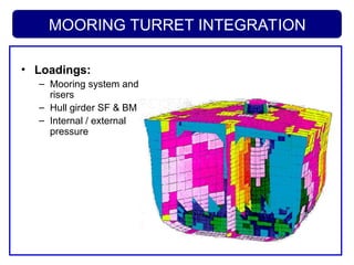 MOORING TURRET INTEGRATION
• Loadings:
– Mooring system and
risers
– Hull girder SF & BM
– Internal / external
pressure
 