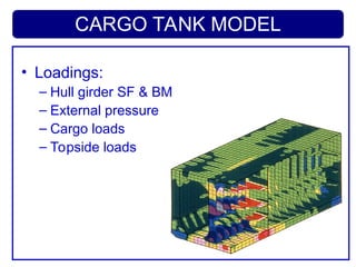 CARGO TANK MODEL
• Loadings:
– Hull girder SF & BM
– External pressure
– Cargo loads
– Topside loads
 