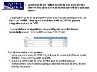 3
I. La poursuite de l’effort demandé aux collectivités
territoriales en matière de redressement des comptes
publics
• L’application de la loi de programmation des finances publiques soit un
effort de 3,67M€, identique à celui demandé en 2015 et pesant
intégralement sur la DGF
• Des modalités de répartition entre catégorie de collectivités
reconduites selon l’avis du CFL rendu en 2013 soit :
• Les ajustements sont prévus :
• pour les communes et EPCI n’ayant plus de dotation forfaitaire ou de
dotation d’intercommunalité en 2015
• pour les communes et EPCI dont la part de contribution au
redressement des finances publiques représente plus de 50% de ces
mêmes dotations
 