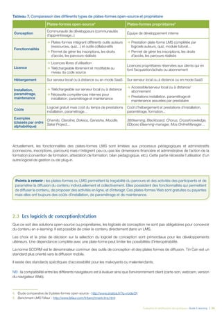 Évaluation et amélioration des pratiques – Guide E-learning  | 34
Tableau 7. Comparaison des différents types de plates-formes open-source et propriétaire
Plates-formes open-source4
Plates-formes propriétaires5
Conception
Communauté de développeurs (communautés
d’apprentissage...)
Équipe de développement interne
Fonctionnalités
ÆÆ Plates-formes intégrant différents outils auteurs
(ressources, quiz…) et outils collaboratifs
ÆÆ Permet de gérer les inscriptions, les droits
d’accès, les parcours réalisés
ÆÆ Prestation plate-forme LMS complétée par
logiciels auteurs, quiz, module tutorat…
ÆÆ Permet de gérer les inscriptions, les droits
d’accès, les parcours réalisés
Licence
ÆÆ Licences libres d’utilisation
ÆÆ Téléchargeable librement et modifiable au
niveau du code source
Licences propriétaires réservées aux clients qui en
font l’acquisition/achats ou abonnement
Hébergement Sur serveur local ou à distance ou en mode SaaS Sur serveur local ou à distance ou en mode SaaS
Installation,
paramétrage,
maintenance
ÆÆ Téléchargeable sur serveur local ou à distance
ÆÆ Nécessite compétences internes pour
installation, paramétrage et maintenance
ÆÆ Accessible/serveur local ou à distance/
abonnement
ÆÆ Prestations installation, paramétrage et
maintenance assurées par prestataire
Coûts
Logiciel gratuit mais coût du temps de prestations
installation, paramétrage…
Coût d’hébergement et prestations d’installation,
paramétrage, formation...
Exemples
(classés par ordre
alphabétique)
Chamilo, Claroline, Dokeos, Ganesha, Moodle,
Sakai Project…
360learning, Blackboard, Chorus, CrossKnowledge,
EDoceo Elearning-manager, Mos OnlineManager…
Actuellement, les fonctionnalités des plates-formes LMS sont limitées aux processus pédagogiques et administratifs
(connexions, inscriptions, parcours) mais n’intègrent peu ou pas les dimensions financière et administrative de l’action de la
formation (convention de formation, attestation de formation, bilan pédagogique, etc.). Cette partie nécessite l’utilisation d’un
autre logiciel de gestion ou de plug-in.
2.3	 Les logiciels de conception/création
Que ce soit des solutions open-source ou propriétaires, les logiciels de conception ne sont pas obligatoires pour concevoir
du contenu en e-learning. Il est possible de créer le contenu directement dans un LMS.
Les choix et la prise de décision sur la sélection du logiciel de conception sont primordiaux pour les développements
ultérieurs. Une dépendance complète avec une plate-forme peut limiter les possibilités d’interopérabilité.
La norme SCORM est le dénominateur commun des outils de conception et des plates formes de diffusion. Tin Can est un
standard plus orienté vers la diffusion mobile.
Il existe des standards spécifiques d’accessibilité pour les malvoyants ou malentendants.
NB : la compatibilité entre les différents navigateurs est à évaluer ainsi que l’environnement client (carte-son, webcam, version
du navigateur Web).
4.	 Étude comparative de 9 plates-formes open-source - http://www.stratice.fr/?q=node/24
5.	 Benchmark LMS Féfaur - http://www.fefaur.com/fr/benchmark-lms.html
Points à retenir : les plates-formes ou LMS permettent la traçabilité du parcours et des activités des participants et de
paramétrer la diffusion du contenu individuellement et collectivement. Elles possèdent des fonctionnalités qui permettent
de diffuser le contenu, de proposer des activités en ligne, et d’interagir. Ces plates-formes Web sont gratuites ou payantes
mais elles ont toujours des coûts d’installation, de paramétrage et de maintenance.
 