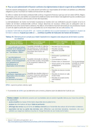 Évaluation et amélioration des pratiques – Guide E-learning  | 53
►► Pour un suivi administratif et financier conforme à la réglementation et dans le respect de la confidentialité
Outre les aspects pédagogiques, ces outils doivent permettre aux responsables de formation de satisfaire aux différentes
obligations qui leur incombent en matière de financement de celles-ci.
En effet en matière de formation professionnelle continue, l’organisme financeur quel que soit son statut (OPCA, Région,
Pôle Emploi, privé, etc.) doit vérifier non seulement la réalité de l’action de formation mais également que les conditions pour
lesquelles le financement a été accordé ont bien été respectées.
La dématérialisation de l’action de formation bouleverse la manière dont ces vérifications peuvent s’opérer et la loi en
matière de formation professionnelle continue8
indique désormais de nouveaux critères plus en adéquation avec la
spécificité d’une action de formation à distance. Par ailleurs, le formalisme important demandé par ces procédures impose
un point de vigilance particulier quant aux possibilités de vue et d’exportation de ces outils (tableau 18).
Le décret n° 2014-935 du 20 août 2014 - art. 1 donne une définition de ce qu’est l’assiduité d’un stagiaire en situation de
formation à distance. Il ajoute que celle-ci « … contribue à justifier de l’exécution de l’action de formation ».
Tableau 18. 	Éléments pris en compte pour établir l’assiduité d’un stagiaire à des séquences de formation ouvertes
ou à distance
l’Article D.6353-4
du Code du Travail
Fonctionnalités outil
de traçabilité
Données collectées
par le LMS
Vue/export
souhaité
1° Les justificatifs permettant
d’attester de la réalisation des
travaux exigés en application
du 1° de l’article L. 6353-1
Traçabilité individuelle et collective
des résultats pour l’ensemble des
activités évaluatives automatisées
disponibles dans l’action de
formation
ÆÆ Résultats quiz (tous formats)
ÆÆ Résultats activités
évaluatives SCORM
ÆÆ Etc.
Oui et paramétrage
possible du format
de sortie pour
l’OPCA, etc.
2° Les informations et
données relatives au suivi de
l’action, à l’accompagnement
et à l’assistance du
bénéficiaire par le
dispensateur de la formation
Traçabilité individuelle et collective
des données sociales, temporelles
et de progression relatives à la
formation
ÆÆ Participation quantitative aux
forums
ÆÆ Commentaires du tuteur
ÆÆ Position dans un classement
ÆÆ Temps passé sur les activités
pédagogiques
ÆÆ Etc.
3° Les évaluations
spécifiques, organisées par le
dispensateur de la formation,
qui jalonnent
ou terminent la formation
Traçabilité des résultats obtenus à
l’occasion d’examens spécifiques
avant, pendant ou à la fin de la
formation
ÆÆ Résultats de devoirs à rendre
notés
ÆÆ Résultats de devoirs en salle
(mode mixte)
ÆÆ Résultats de projets tutorés
intermédiaires
ÆÆ Etc.
OPCA : organisme paritaire collecteur agréé
ÆÆ Il conviendra de vérifier que ces éléments sont a minima, présents avant de sélectionner l’outil de suivi.
8.	 Décret n° 2014-935 du 20 août 2014 - art. 1.
	 http://www.legifrance.gouv.fr/affichTexte.do?cidTexte=JORFTEXT000029387809&categorieLien=id	
Points à retenir : les éléments suivants sont souhaitables dans la solution logicielle retenue pour tracer les activités
des apprenants :
•	 accès simplifié à la masse d’information disponible dans la plate-forme ;
•	 analyse des informations de façon fiable et pertinente ;
•	 affichage des rendus sous la forme de tableaux de bord pour l’ensemble des acteurs de la formation à distance ;
•	 exportation de tout ou partie des données selon différentes vues (données tabulaires, impression, etc.) pour
satisfaire aux exigences relatives à la prise en charge financière de ces modes de formation.
 