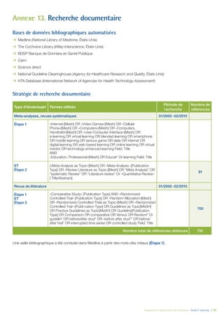 Évaluation et amélioration des pratiques – Guide E-learning  | 90
Annexe 13. Recherche documentaire
Bases de données bibliographiques automatisées
ÆÆ Medline (National Library of Medicine, États-Unis)
ÆÆ The Cochrane Library (Wiley Interscience, États-Unis)
ÆÆ BDSP Banque de Données en Santé Publique
ÆÆ Cairn
ÆÆ Science direct
ÆÆ National Guideline Clearinghouse (Agency for Healthcare Research and Quality, États-Unis)
ÆÆ HTA Database (International Network of Agencies for Health Technology Assessment)
Stratégie de recherche documentaire
Type d’étude/sujet Termes utilisés
Période de
recherche
Nombre de
références
Meta-analyses, revues systématiques 01/2000 -02/2015
Étape 1 «Internet»[Mesh] OR «Video Games»[Mesh] OR «Cellular
Phone»[Mesh] OR «Computers»[Mesh] OR «Computers,
Handheld»[Mesh] OR «User-Computer Interface»[Mesh] OR
e-learning OR virtual learning OR blended learning OR smartphone
OR mobile learning OR serious game OR slate OR internet OR
digital learning OR web-based learning OR online learning OR virtual
mentor OR technology enhanced learning Field: Title
AND
«Education, Professional»[Mesh] OR Educat* Or learning Field: Title
ET
Étape 2
(«Meta-Analysis as Topic»[Mesh] OR «Meta-Analysis «[Publication
Type] OR «Review Literature as Topic»[Mesh] OR “Meta Analysis” OR
“systematic Review” OR “Literature review” Or «Quantitative Review»
[ Title/Abstract]
91
Revue de littérature 01/2000 -02/2015
Étape 1
ET
Étape 3
«Comparative Study» [Publication Type] AND «Randomized
Controlled Trial» [Publication Type] OR «Random Allocation»[Mesh]
OR «Randomized Controlled Trials as Topic»[Mesh] OR «Randomized
Controlled Trial «[Publi-cation Type] OR Guidelines as Topic[MeSH]
OR Practice Guidelines as Topic[MeSH] OR Guideline[Publication
Type] OR Comparison OR comparative OR Versus OR Random* Or
guidelin* OR before/after stud* OR «before after stud*” OR before/
after trial* OR interrupted time series OR controlled study Field: Title
700
Nombre total de références obtenues 791
Une veille bibliographique a été conduite dans Medline à partir des mots clés initiaux (Étape 1)
 