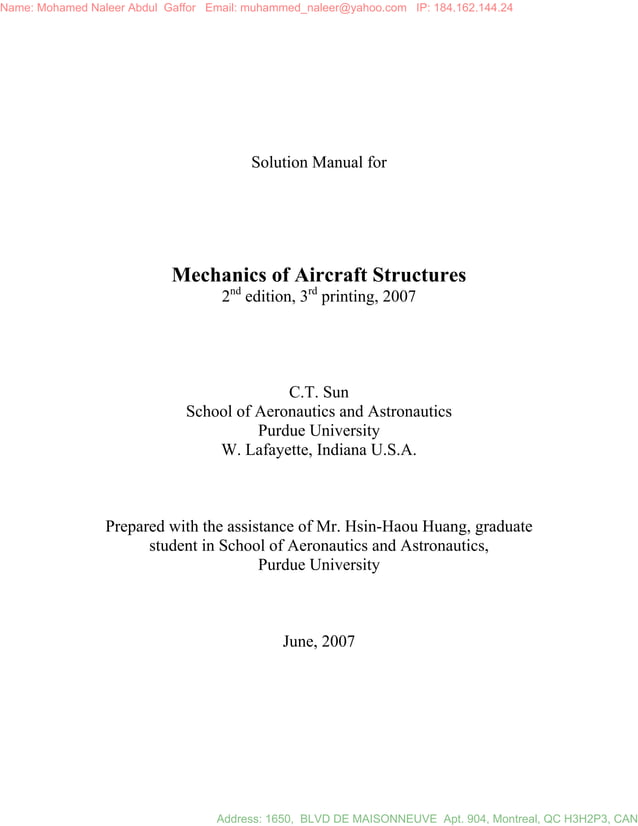 Mechanics of Aircraft Structures solution manual C.T. Sun 2nd ed | PDF