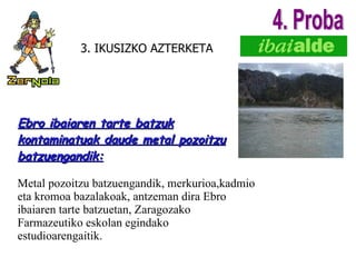 3. IKUSIZKO AZTERKETA Ebro ibaiaren tarte batzuk kontaminatuak daude metal pozoitzu batzuengandik: Metal pozoitzu batzuengandik, merkurioa,kadmio eta kromoa bazalakoak, antzeman dira Ebro ibaiaren tarte batzuetan, Zaragozako Farmazeutiko eskolan egindako estudioarengaitik. 4. Proba 