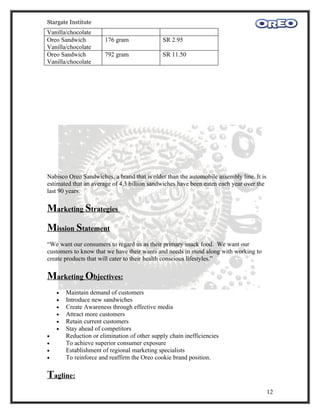 Stargate Institute
Vanilla/chocolate
Oreo Sandwich          176 gram               SR 2.95
Vanilla/chocolate
Oreo Sandwich          792 gram               SR 11.50
Vanilla/chocolate




Nabisco Oreo Sandwiches, a brand that is older than the automobile assembly line. It is
estimated that an average of 4.3 billion sandwiches have been eaten each year over the
last 90 years.

Marketing Strategies
Mission Statement
“We want our consumers to regard us as their primary snack food. We want our
customers to know that we have their wants and needs in mind along with working to
create products that will cater to their health conscious lifestyles.”

Marketing Objectives:
    •   Maintain demand of customers
    •   Introduce new sandwiches
    •   Create Awareness through effective media
    •   Attract more customers
    •   Retain current customers
    •   Stay ahead of competitors
•       Reduction or elimination of other supply chain inefficiencies
•       To achieve superior consumer exposure
•       Establishment of regional marketing specialists
•       To reinforce and reaffirm the Oreo cookie brand position.

Tagline:
                                                                                          12
 