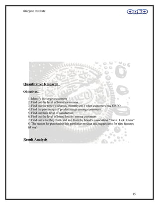 Stargate Institute




Quantitative Research

Objectives:

   1. Identify the target customers
   2. Find out the level of brand awareness
   3. Find out the time (weekends, monthly,etc.) when customers buy OREO
   4 .Find the percentage of product usage among consumers
   5. Find out their level of satisfaction
   6. Find out the level of brand loyalty among customers
   7. Find out what they think and see from the brand’s association “Twist, Lick, Dunk”
   8. The reason for purchasing this particular product and suggestions for new features
   (if any)


Result Analysis




                                                                                      15
 