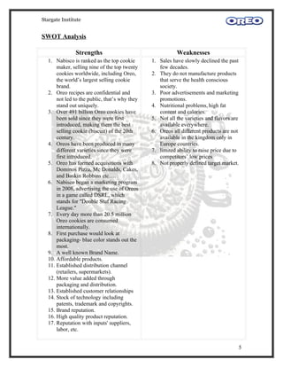 Stargate Institute


SWOT Analysis

               Strengths                                  Weaknesses
  1. Nabisco is ranked as the top cookie       1. Sales have slowly declined the past
      maker, selling nine of the top twenty       few decades.
      cookies worldwide, including Oreo,       2. They do not manufacture products
      the world’s largest selling cookie          that serve the health conscious
      brand.                                      society.
  2. Oreo recipes are confidential and         3. Poor advertisements and marketing
      not led to the public, that’s why they      promotions.
      stand out uniquely.                      4. Nutritional problems, high fat
  3. Over 491 billion Oreo cookies have           content and calories.
      been sold since they were first          5. Not all the varieties and flavors are
      introduced, making them the best            available everywhere.
      selling cookie (biscuit) of the 20th     6. Oreos all different products are not
      century.                                    available in the kingdom only in
  4. Oreos have been produced in many             Europe countries.
      different varieties since they were      7. limited ability to raise price due to
      first introduced.                           competitors’ low prices
  5. Oreo has formed acquisitions with         8. Not properly defined target market.
      Dominos Pizza, Mc Donalds, Cakes,
      and Baskin Robbins etc….
  6. Nabisco began a marketing program
      in 2008, advertising the use of Oreos
      in a game called DSRL, which
      stands for "Double Stuf Racing
      League."
  7. Every day more than 20.5 million
      Oreo cookies are consumed
      internationally.
  8. First purchase would look at
      packaging- blue color stands out the
      most.
  9. A well known Brand Name.
  10. Affordable products.
  11. Established distribution channel
      (retailers, supermarkets).
  12. More value added through
      packaging and distribution.
  13. Established customer relationships
  14. Stock of technology including
      patents, trademark and copyrights.
  15. Brand reputation.
  16. High quality product reputation.
  17. Reputation with inputs' suppliers,
      labor, etc.


                                                                                      5
 