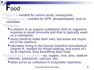 Factors Affecting Microbial Growth 5
Food
 Sulfur – needed for amino acids, coenzymes,
 Phosphorus – needed for ATP, phospholipids, and nu
cleotides
 Vitamins
 a vitamin is an organic substance that an organism
requires in small amounts and that is typically used
as a coenzyme;
 many bacteria make their own, but some are requir
ed in the medium;
 microbes living in the human intestine manufacture
vitamin K, needed for blood clotting, and some of t
he B vitamins, thus benefiting their host.
 Certain trace elements – ex. copper, iron, zinc, sodium
, chloride, potassium, calcium, etc.;
 often serve as cofactors in enzymatic reactions.
 