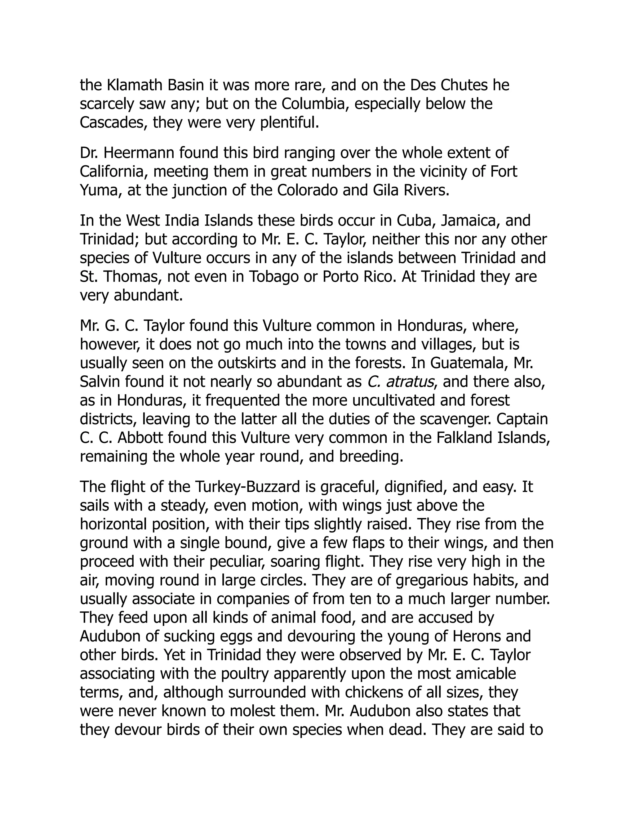 the Klamath Basin it was more rare, and on the Des Chutes he
scarcely saw any; but on the Columbia, especially below the
Cascades, they were very plentiful.
Dr. Heermann found this bird ranging over the whole extent of
California, meeting them in great numbers in the vicinity of Fort
Yuma, at the junction of the Colorado and Gila Rivers.
In the West India Islands these birds occur in Cuba, Jamaica, and
Trinidad; but according to Mr. E. C. Taylor, neither this nor any other
species of Vulture occurs in any of the islands between Trinidad and
St. Thomas, not even in Tobago or Porto Rico. At Trinidad they are
very abundant.
Mr. G. C. Taylor found this Vulture common in Honduras, where,
however, it does not go much into the towns and villages, but is
usually seen on the outskirts and in the forests. In Guatemala, Mr.
Salvin found it not nearly so abundant as C. atratus, and there also,
as in Honduras, it frequented the more uncultivated and forest
districts, leaving to the latter all the duties of the scavenger. Captain
C. C. Abbott found this Vulture very common in the Falkland Islands,
remaining the whole year round, and breeding.
The flight of the Turkey-Buzzard is graceful, dignified, and easy. It
sails with a steady, even motion, with wings just above the
horizontal position, with their tips slightly raised. They rise from the
ground with a single bound, give a few flaps to their wings, and then
proceed with their peculiar, soaring flight. They rise very high in the
air, moving round in large circles. They are of gregarious habits, and
usually associate in companies of from ten to a much larger number.
They feed upon all kinds of animal food, and are accused by
Audubon of sucking eggs and devouring the young of Herons and
other birds. Yet in Trinidad they were observed by Mr. E. C. Taylor
associating with the poultry apparently upon the most amicable
terms, and, although surrounded with chickens of all sizes, they
were never known to molest them. Mr. Audubon also states that
they devour birds of their own species when dead. They are said to
 