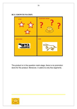 35




BCG GROWTH MATRIX




The product is in the question mark stage, there is no promotion
done for the product. Moreover, it caters to only few segments.
 