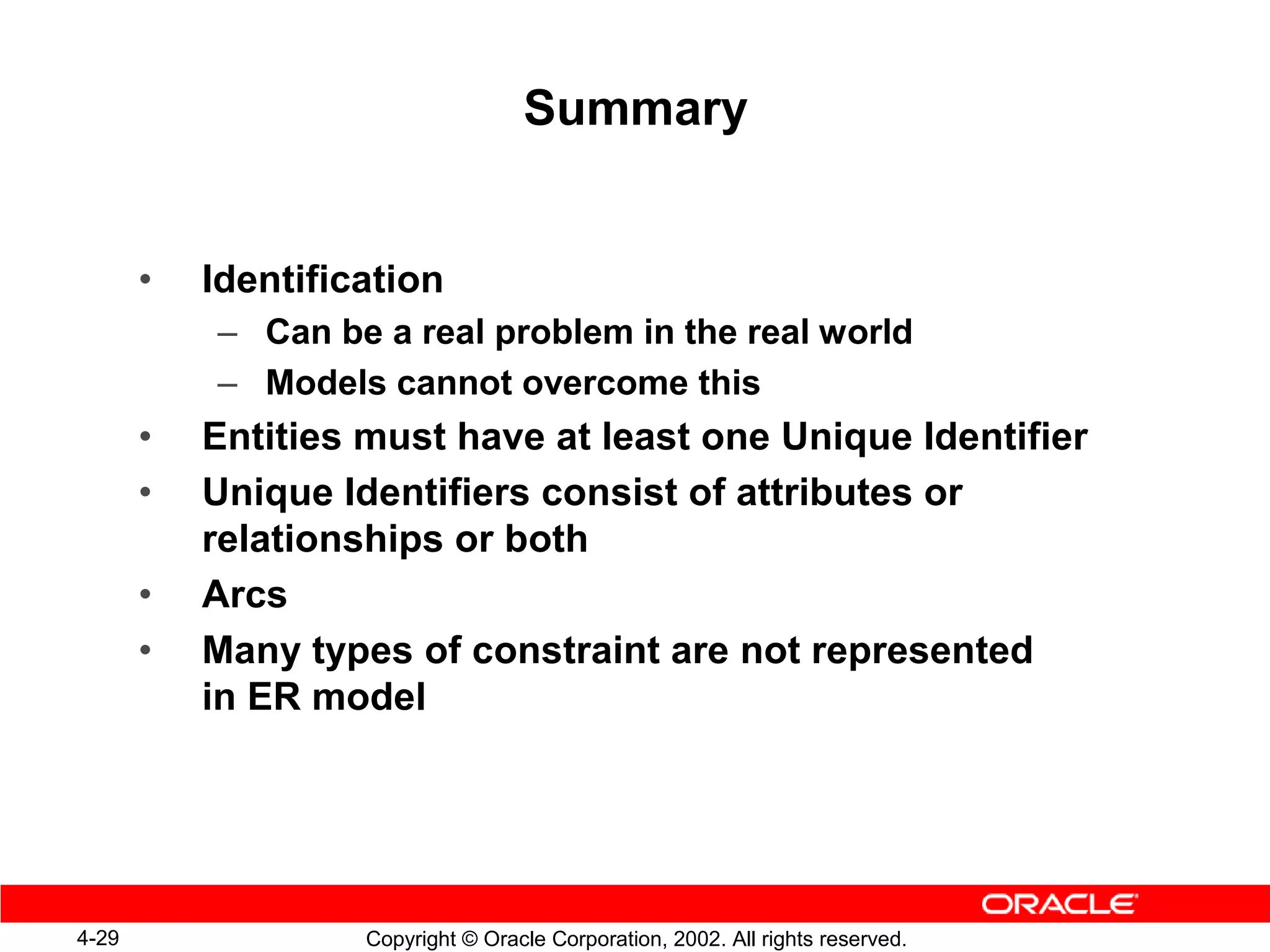 Summary


       •   Identification
           – Can be a real problem in the real world
           – Models cannot overcome this
       •   Entities must have at least one Unique Identifier
       •   Unique Identifiers consist of attributes or
           relationships or both
       •   Arcs
       •   Many types of constraint are not represented
           in ER model




4-29                Copyright © Oracle Corporation, 2002. All rights reserved.
 