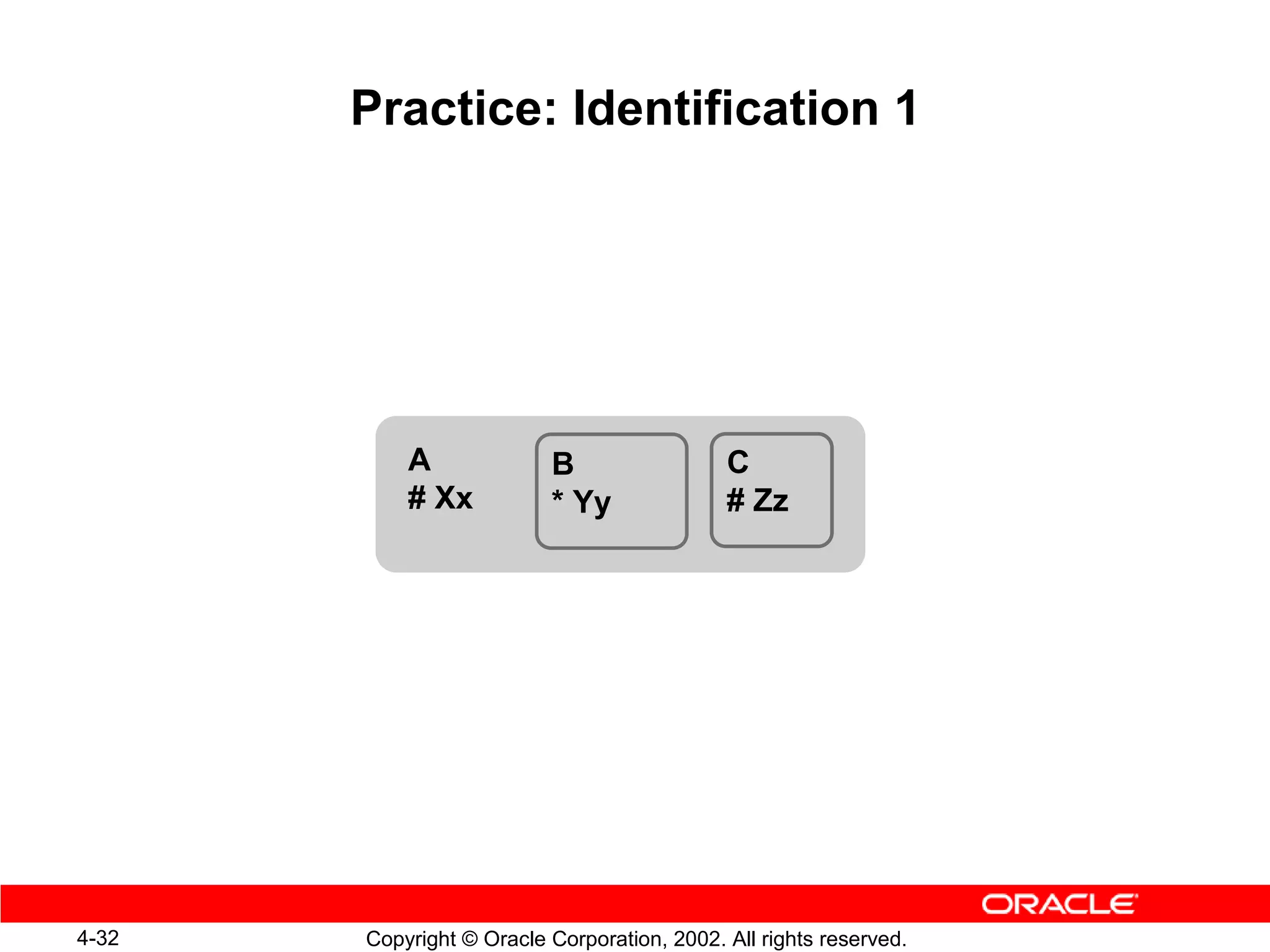 Practice: Identification 1




           A              B                  C
           # Xx           * Yy               # Zz




4-32   Copyright © Oracle Corporation, 2002. All rights reserved.
 