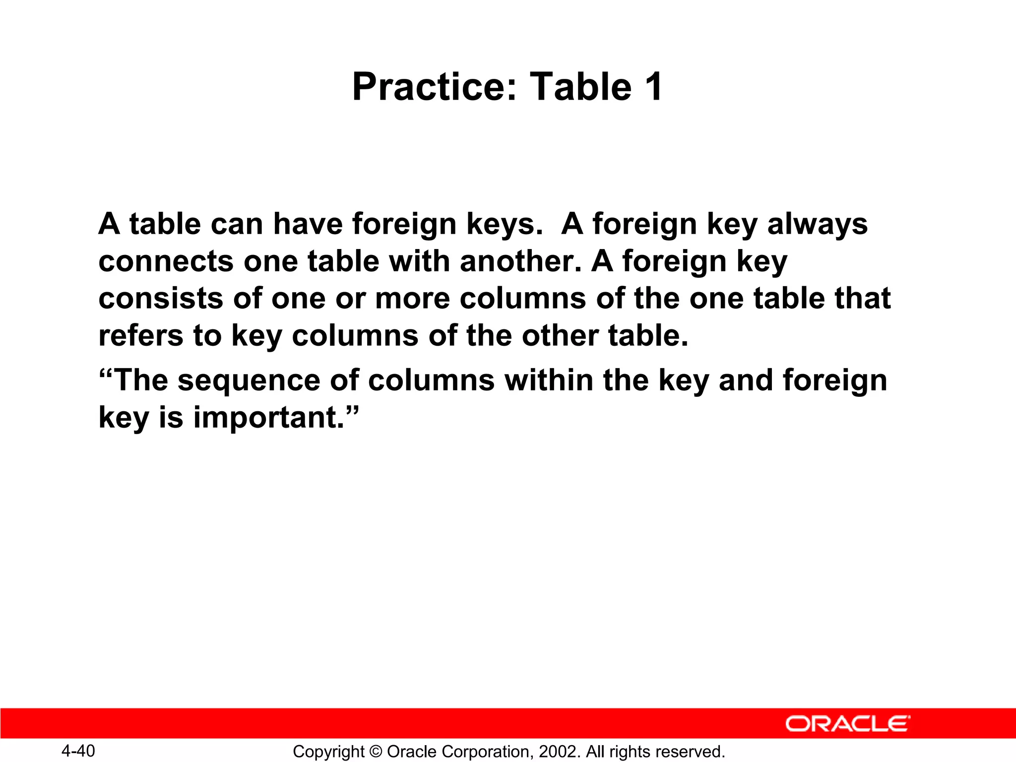 Practice: Table 1


       A table can have foreign keys. A foreign key always
       connects one table with another. A foreign key
       consists of one or more columns of the one table that
       refers to key columns of the other table.
       “The sequence of columns within the key and foreign
       key is important.”




4-40                Copyright © Oracle Corporation, 2002. All rights reserved.
 