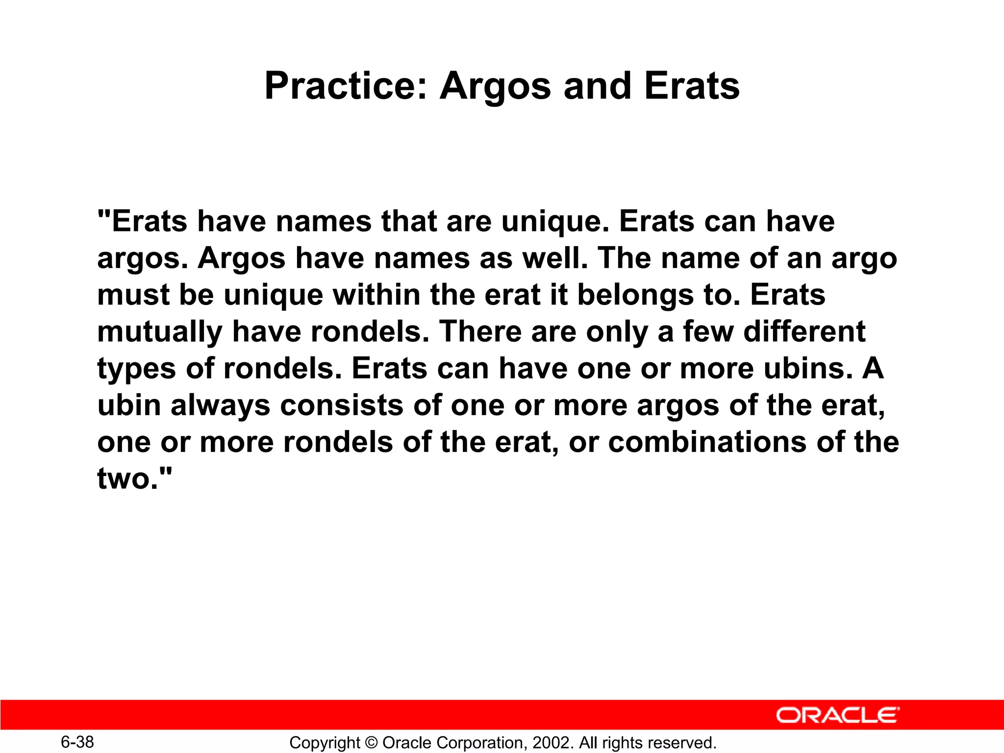 Practice: Argos and Erats


       Erats have names that are unique. Erats can have
       argos. Argos have names as well. The name of an argo
       must be unique within the erat it belongs to. Erats
       mutually have rondels. There are only a few different
       types of rondels. Erats can have one or more ubins. A
       ubin always consists of one or more argos of the erat,
       one or more rondels of the erat, or combinations of the
       two.




6-38                Copyright © Oracle Corporation, 2002. All rights reserved.
 