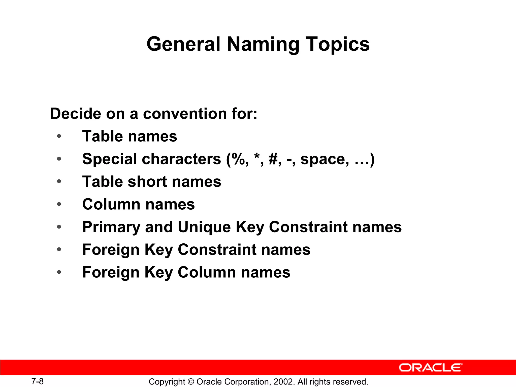 General Naming Topics


      Decide on a convention for:
       • Table names
       • Special characters (%, *, #, -, space, …)
       • Table short names
       • Column names
       • Primary and Unique Key Constraint names
       • Foreign Key Constraint names
       • Foreign Key Column names




7-8               Copyright © Oracle Corporation, 2002. All rights reserved.
 