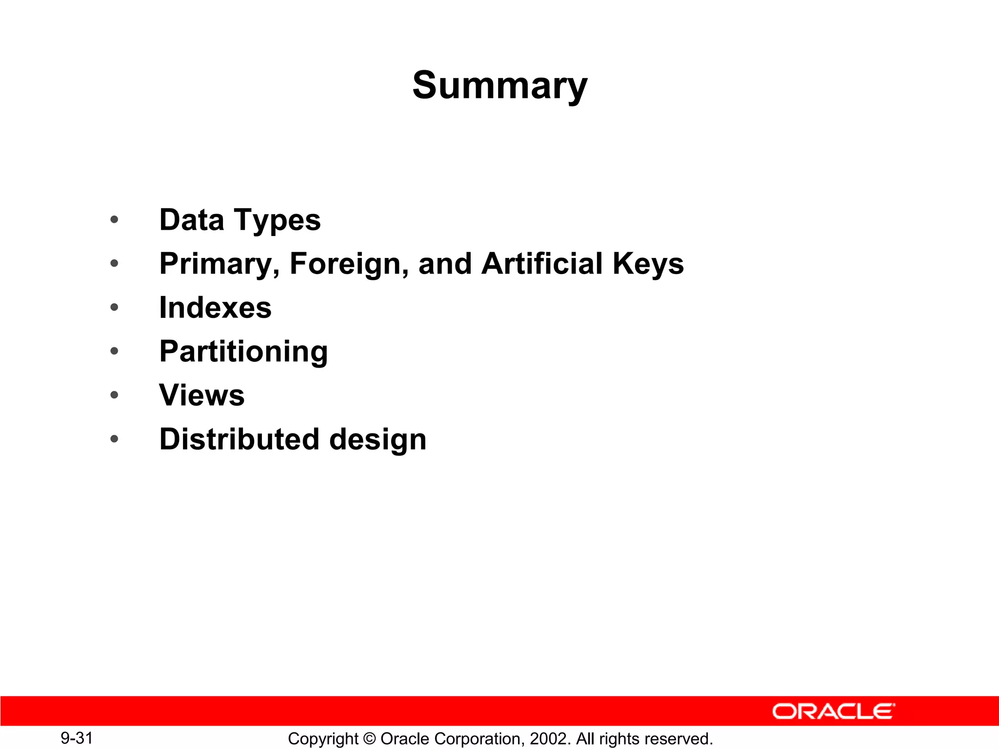 Summary


       •   Data Types
       •   Primary, Foreign, and Artificial Keys
       •   Indexes
       •   Partitioning
       •   Views
       •   Distributed design




9-31                Copyright © Oracle Corporation, 2002. All rights reserved.
 