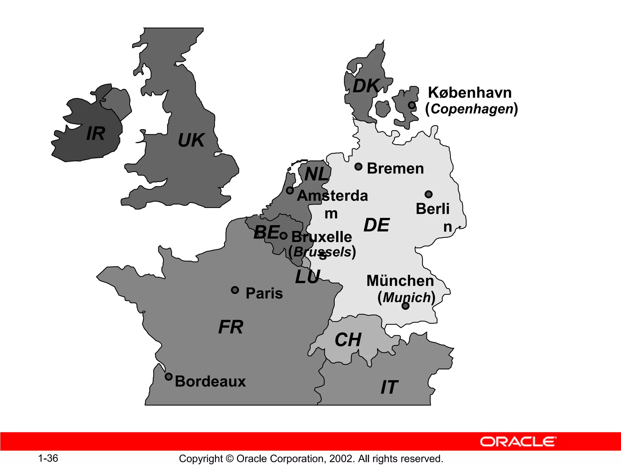 DK               København
                                                                 (Copenhagen)
       IR   UK
                                       NL            Bremen
                                     Amsterda
                                       m                       Berli
                            BE Bruxelle DE                        n
                                   (Brussels)
                                       s
                                     LU              München
                          Paris                       (Munich)

                    FR
                                             CH

            Bordeaux                                    IT


1-36        Copyright © Oracle Corporation, 2002. All rights reserved.
 