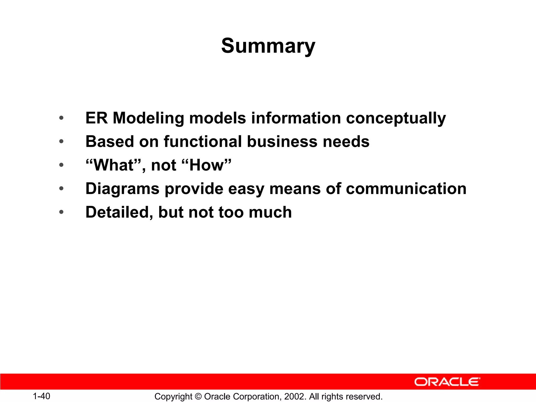 Summary


       •   ER Modeling models information conceptually
       •   Based on functional business needs
       •   “What”, not “How”
       •   Diagrams provide easy means of communication
       •   Detailed, but not too much




1-40              Copyright © Oracle Corporation, 2002. All rights reserved.
 