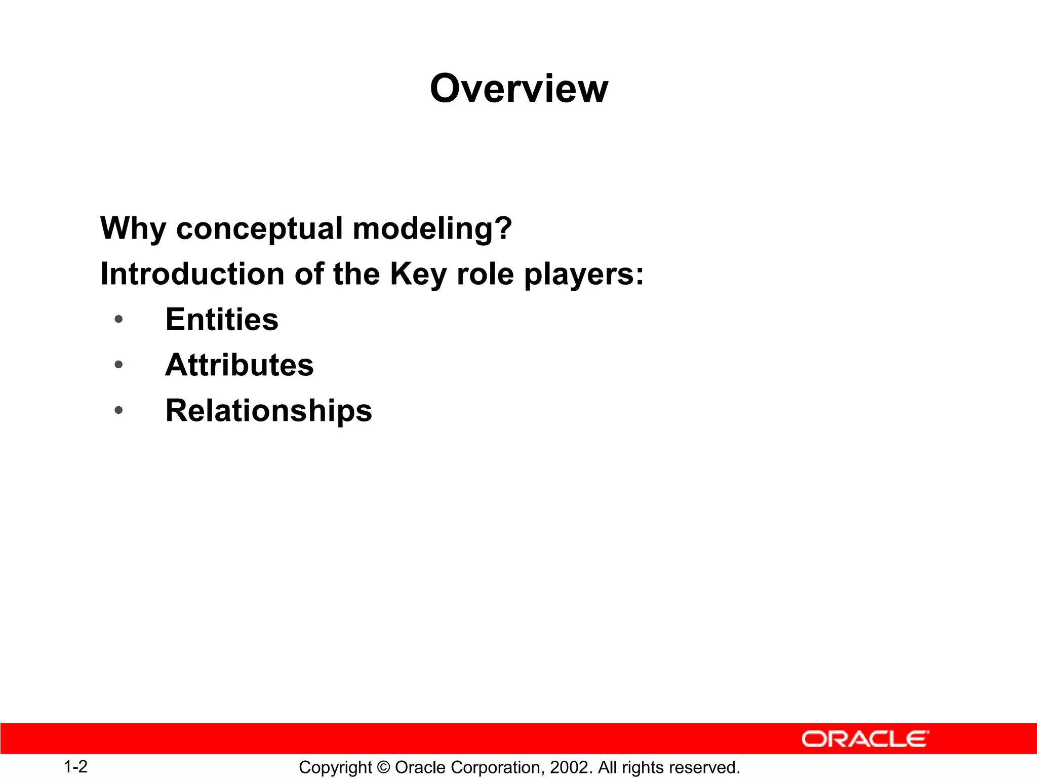 Overview


      Why conceptual modeling?
      Introduction of the Key role players:
       • Entities
       • Attributes
       • Relationships




1-2                Copyright © Oracle Corporation, 2002. All rights reserved.
 