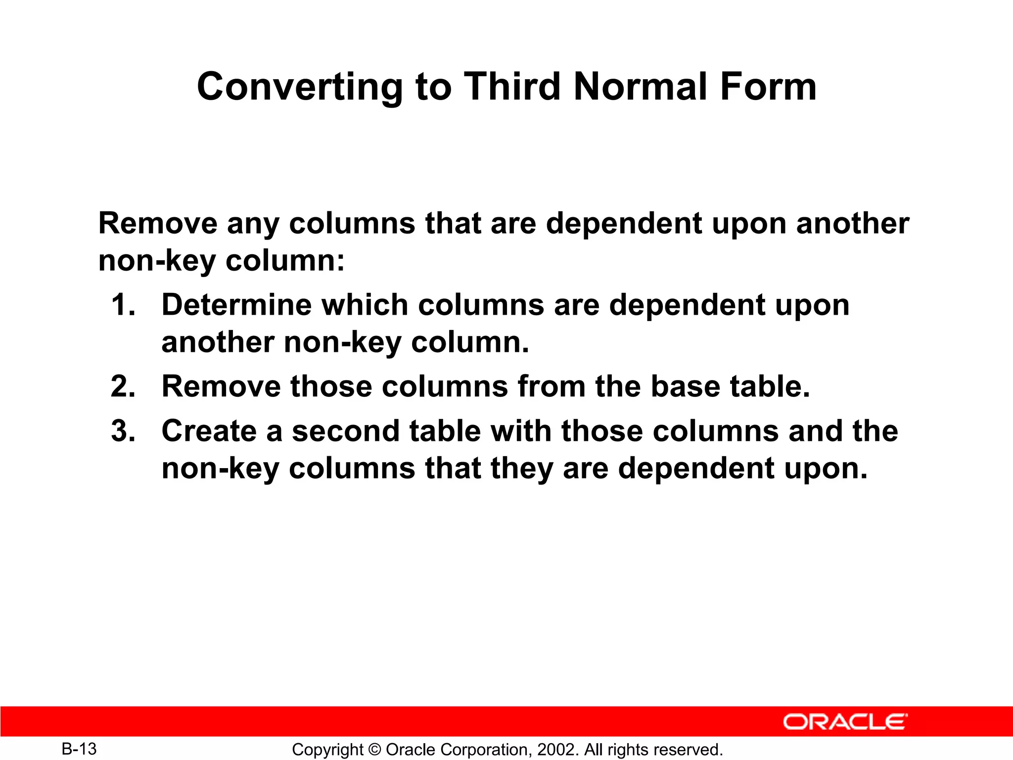 Converting to Third Normal Form


       Remove any columns that are dependent upon another
       non-key column:
        1. Determine which columns are dependent upon
           another non-key column.
        2. Remove those columns from the base table.
        3. Create a second table with those columns and the
           non-key columns that they are dependent upon.




B-13               Copyright © Oracle Corporation, 2002. All rights reserved.
 