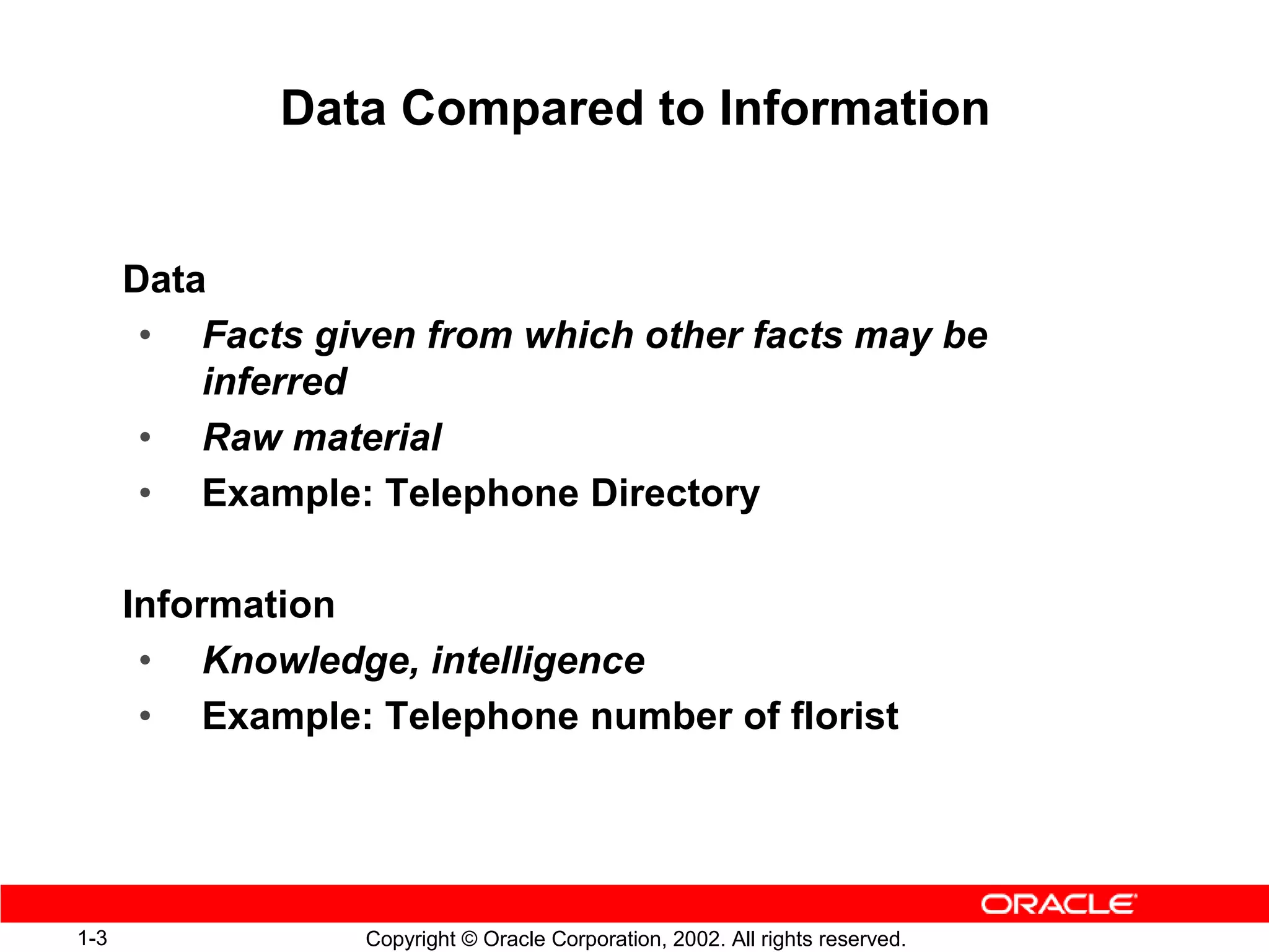 Data Compared to Information


      Data
       • Facts given from which other facts may be
          inferred
       • Raw material
       • Example: Telephone Directory

      Information
       • Knowledge, intelligence
       • Example: Telephone number of florist




1-3               Copyright © Oracle Corporation, 2002. All rights reserved.
 