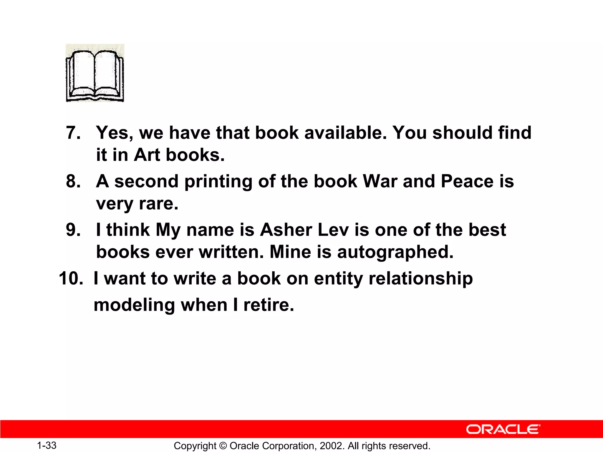 7. Yes, we have that book available. You should find
           it in Art books.
        8. A second printing of the book War and Peace is
           very rare.
        9. I think My name is Asher Lev is one of the best
           books ever written. Mine is autographed.
       10. I want to write a book on entity relationship
           modeling when I retire.




1-33               Copyright © Oracle Corporation, 2002. All rights reserved.
 