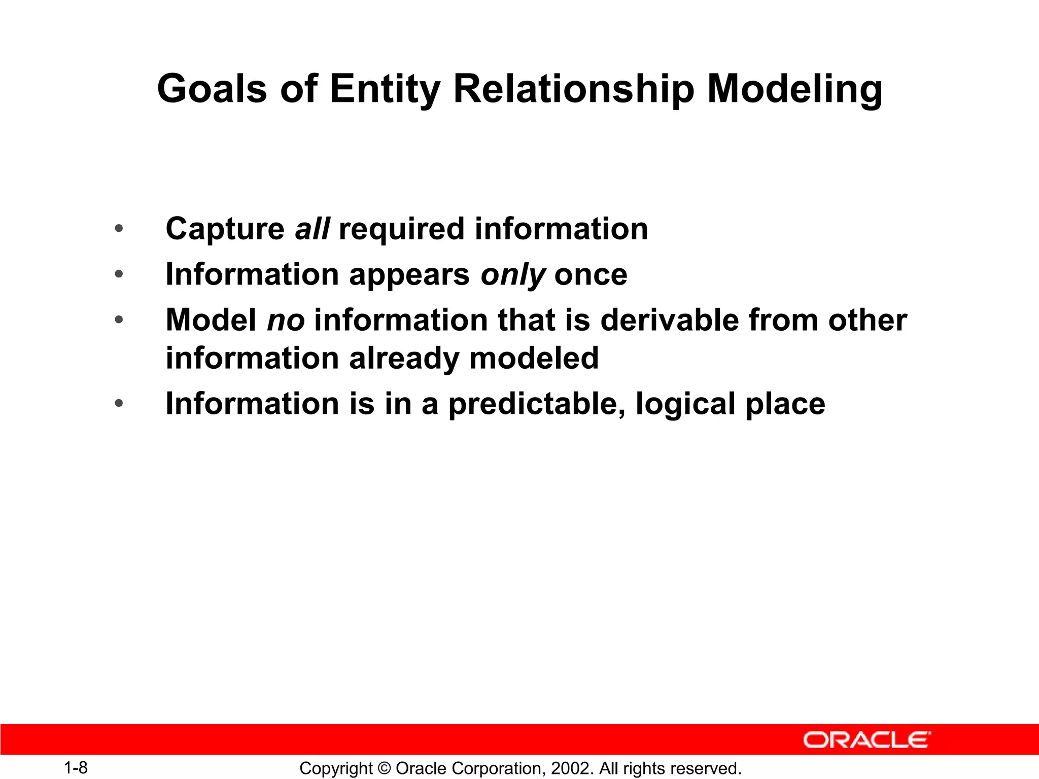 Goals of Entity Relationship Modeling


      •   Capture all required information
      •   Information appears only once
      •   Model no information that is derivable from other
          information already modeled
      •   Information is in a predictable, logical place




1-8               Copyright © Oracle Corporation, 2002. All rights reserved.
 