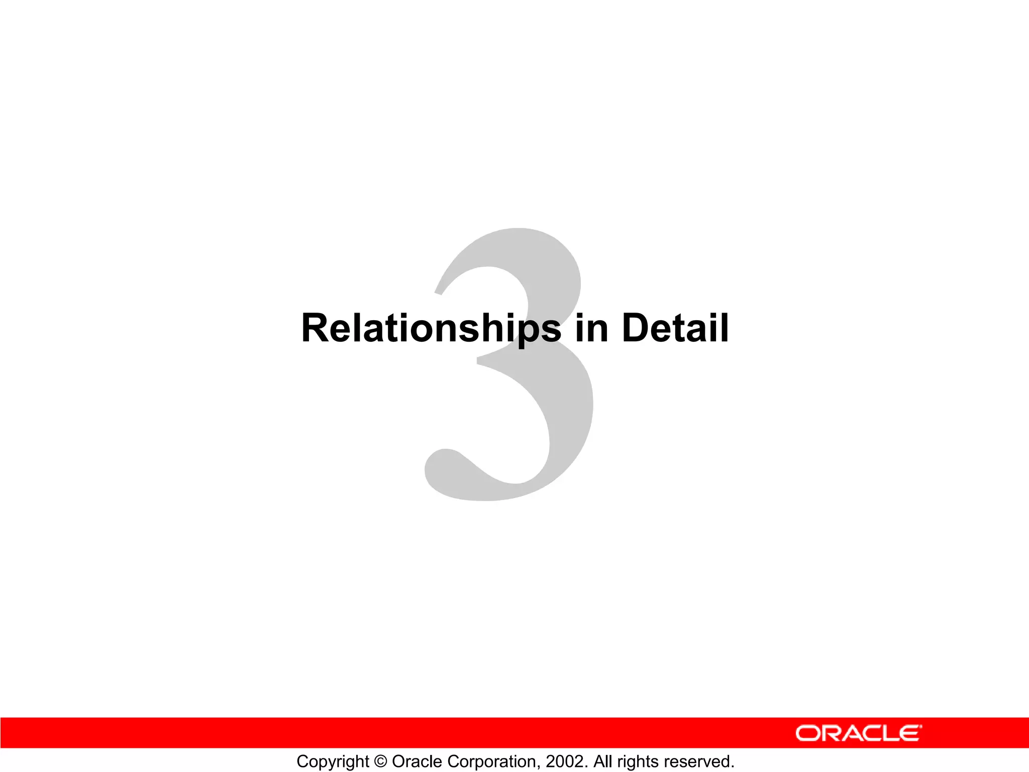 Relationships in Detail




Copyright © Oracle Corporation, 2002. All rights reserved.
 