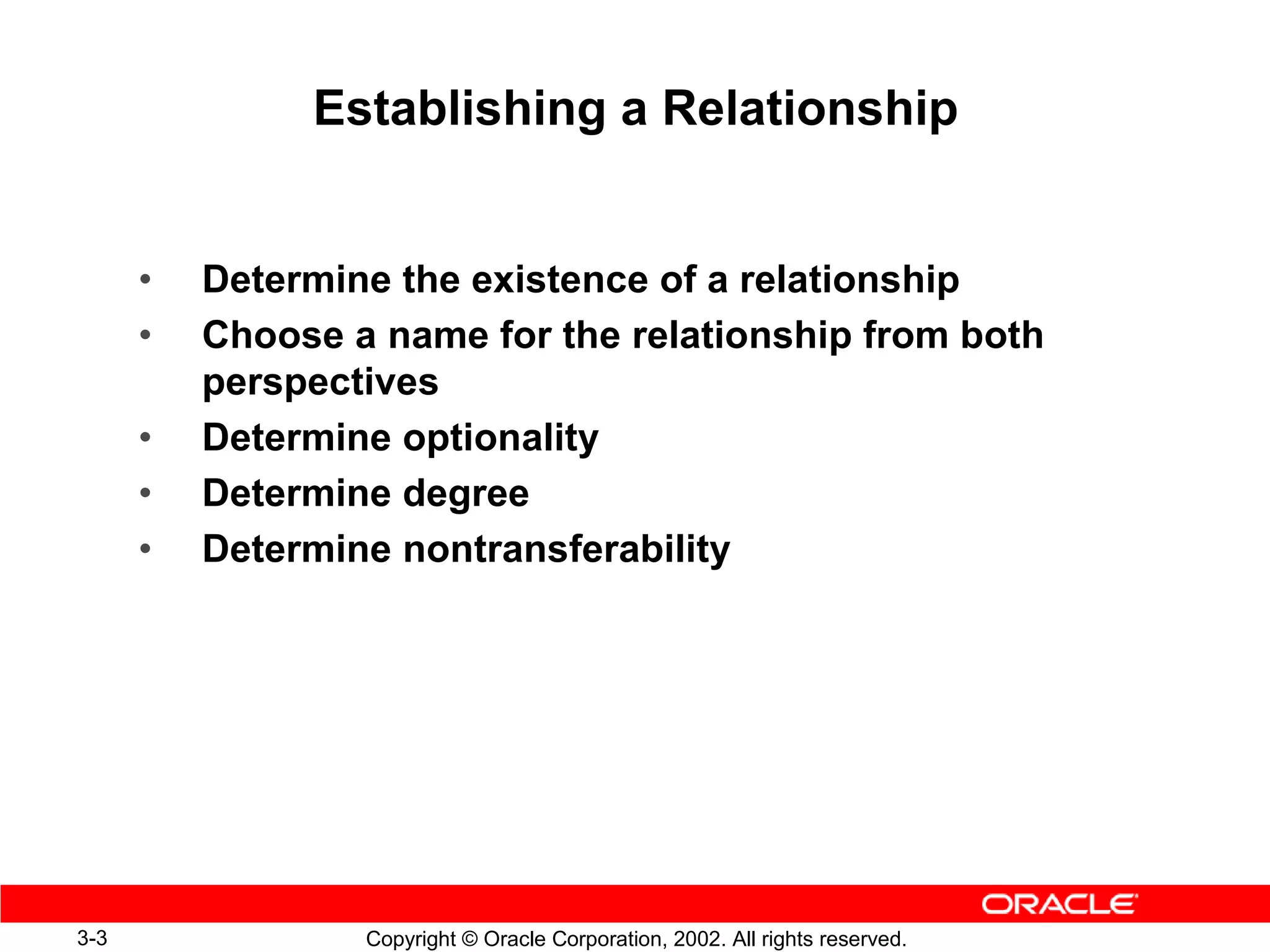 Establishing a Relationship


      •   Determine the existence of a relationship
      •   Choose a name for the relationship from both
          perspectives
      •   Determine optionality
      •   Determine degree
      •   Determine nontransferability




3-3               Copyright © Oracle Corporation, 2002. All rights reserved.
 