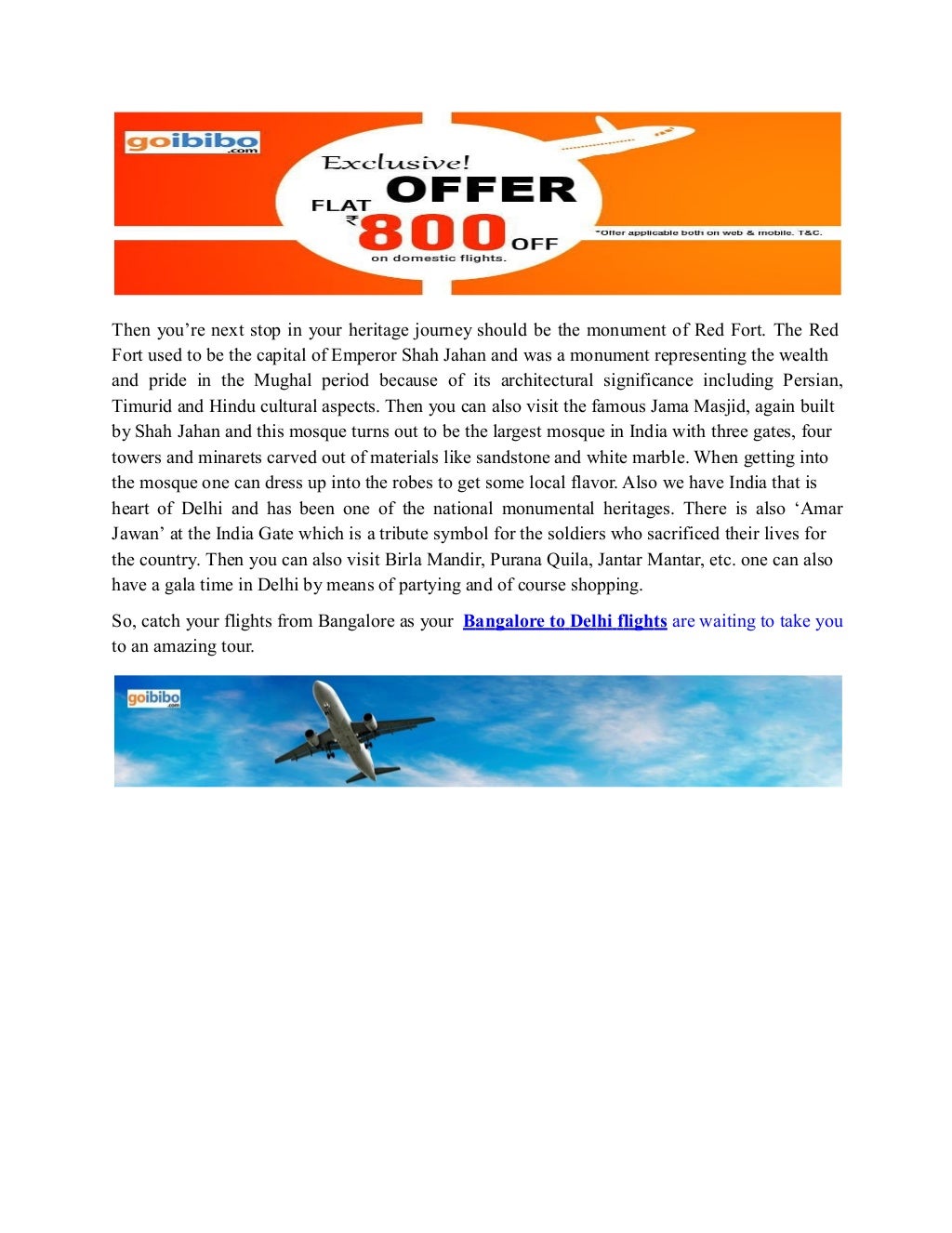 Bangalore to Delhi Cheap Flights Tickets