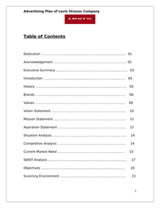 Advertising Plan of Levis Strauss Company




Table of Contents



Dedication …………………………………………………………………….. 01

Acknowledgement …………………………………….…………………….. 02

Executive Summary ………………………………………………………….. 03

Introduction …………………………………………………………………… 04

History …………………………………………………………………………... 05

Brands …………………………………………………………………………..          06

Values …………………………………………………………………………..          09

Vision Statement ……………………………………………………………..     10

Mission Statement ……………………………………………………………      11

Aspiration Statement ………………………………………………………..   12

Situation Analysis ……………………………………………………………..   14

Competitive Analysis ………………………………………………………..   14

Current Market Need ……………………………………………………….     15

SWOT Analysis …………………………………………………………………         17

Objectives ……………………………………………………………………..        20

Scanning Environment ……………………………………………………...    21



                                                    1
 