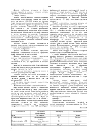 28494
2
Данное изобретение относится к области
моющих средств, а именно: к жидким моющим
средствам с экстрактом полыни.
Уровень техники
Полынь Синьцзян является синьцзян-уйгурским
популярным лекарственным сырьем, растущим в
горах на высоте 1000-3000 метров над уровнем
моря, многолетним травянистым растением. Полынь
Синьцзян (Artemisia rupestris L.) представляет собой
растение семейства сложноцветных (Compostiae),
род Artemisia L., она содержит флавоноиды,
кислоты, аминокислоты, гликозиды, полисахариды,
сесквитерпены, эфирные масла, пептиды, алкалоиды
и другие активные ингредиенты. Флавоноиды
полыни имеют противораковую, антиоксидантную,
гепатозащитную, антибактериальную функцию,
могут стимулировать движение кишечных гладких
мышц и так далее.
Экстракт полыни Синьцзян применяется в
качестве лекарственного сырья, использование его в
моющем средстве еще не известно.
Сущность изобретения
Данное изобретение позволяет преодолеть
недостатки существующих технологий, предлагает
новое применение экстракта полыни.
Данное изобретение решает технические
вопросы следующим техническим решением.
Новое применение экстракта полыни
заключается в том, что применяется в моющем
средстве.
В частности, моющее средство является моющей
жидкостью, количество экстракта полыни в моющем
средстве составляет 0,1~1,5%.
В частности, количество экстракта полыни в
моющем средстве составляет 0,5%.
Моющее средство еще можно использовать в
качестве жидкого мыла для рук, количество
экстракта полыни в жидком мыле для рук
составляет 0,05 ~ 2,25%.
В частности, экстракт полыни в жидком мыле
для рук составляет 0,5%.
Экстракт полыни готовят следующим образом:
берут полынь Artemisia rupestris L и промывают
ее до чистоты, нарезают в ее в виде кусков, кладут
их в воду, объем которой более объёма полыни в
десять раз для проведения первичной варки в
течение 2 часов. После этого, добавляют воду,
объем которой больше объёма полыни в 8 раз, для
проведения вторичной варки так же в течение 2
часов, затем убирают отходы лекарственного сырья,
охлаждают жидкость до 60°С, разбавляют
лекарственную жидкость при соотношении
лекарственной жидкости к воде 1:25, адсорбируют
разбавленную жидкость макропористой смолой в
течение 30 минут, смывают ее 70% спиртом с
потребляемым объемом более смолы в 10 раз, при
скорости смывания 3 мл/мин, при температуре ниже
60°С, концентрируют и извлекают спиртом
плотностью до 1,2 ~ 1,40 с получением экстракта
полыни.
Способ приготовления моющего средства из
указанного экстракта полыни приведён ниже:
заливают чистую воду и доцецилсульфат натрия
в ёмкость, нагревают при перемешивании до
73~78°С, добавляют раствор гидроксида натрия и
равномерно перемешивают до тех пор, пока
гидроксид натрия полностью не растворится, при
температуре 73~78°С, добавляют диэтаноламид
кокосового масла и перемешивают их до
температуры до 40~45°С, и одновременно
добавляют жидкий экстракт корнеплода репы
(Brassica rара) - жидкий экстракт Чамур, экстракт
полыни, 2-имидазолидинил, эссенцию, лимонную
кислоту, при температуре 40 ~ 45°С равномерно
перемешивают, затем берут пробу.
Жидкое мыло для рук из указанного экстракта
полыни готовят следующим способом:
в ёмкость добавляют чистую воду и лаурет-(1-4)
сульфат аммония, нагревают, перемешивая, до
73~78°С, добавляют бетаин кокосового масла и при
температуре равномерно перемешивают до полного
растворения бетаина кокосового масла, после этого
добавляют диэтаноламид кокосового масла также
при температуре 73~78°С, равномерно
перемешивают, охлаждают до 40~45°С, при
перемешивании добавляют глицерин, жидкий
экстракт корнеплода репы (Brassica rара) - жидкий
экстракт Чамур, экстракт полыни, 2-
имидазолидинил, эссенцию, перемешивают 1 час,
регулируют pH лимонной кислотой до 6 ~ 7, берут
пробу.
Экстракт полыни представляет собой
растительный экстракт, который эффективно
замедляет размножение вирусов гриппа, бактерий и
не вызывает аллергию. Данное изобретение дает
возможность применения экстракта полыни в
моющем средстве для очистки кожи и одновременно
эффективно замедляет рост вирусов, бактерий и не
вызывает аллергию, а также защищает и увлажняет
кожу.
Примеры осуществления
Пример 1
Применение в моющем средстве
Количественные соотношения экстракта к
другим ингредиентам в моющем средстве (на 100 кг
моющего средства)
Таблица 1
Компоненты Стандартное
наименование
Масса (кг) Назначение
Вода Чистая вода 80-90 Раствор
Сульфокислота Додецилсульфат
натрия
5-8 Кислота
Кокосовое масло 6501 Диэтаноламид кокосового
масла
1-5 Сгуститель
Гидроксид натрия Гидроксид натрия 0,5-2,0 Щелочь
 