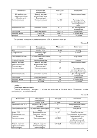 28494
3
Компоненты Стандартное
наименование
Масса (кг) Назначение
Жидкий экстракт
корнеплодов репы
(Brassica rара)
Жидкий экстракт
корнеплодов репы
(Brassica rара)
0,1-1,5 Увлажняющий агент
Экстракт полыни Экстракт полыни 0,1-1,5 Антивирусный,
антибактериальный,
антиаллергенный
агент
Лимонная кислота Лимонная кислота 0-1,5 Для регулирования
величины pH
Антисептик 2-имидазолидинил 0.05-1.0 Антисептик
Динатрия ЭДТА EDTA-2Na 0.04-1.0 Стабилизатор
Эссенция Эссенция 0.05 Эссенция
Оптимальное количество разных компонентов в 100 кг моющего средства
Таблица 2
Компоненты Стандартное
наименование
Масса (кг) Назначение
Вода Чистая вода 87,63 Раствор
Сульфокислота Додецилсульфат
натрия
7,0 Кислота
Кокосовое масло 6501 Диэтаноламид кокосового
масла
3,0 Сгуститель
Гидроксид натрия Гидроксид натрия 1,0 Щелочь
Жидкий экстракт
корнеплодов репы
(Brassica rара)
Жидкий экстракт
корнеплодов репы
(Brassica rара)
0,5 Увлажняющий агент
Экстракт полыни Экстракт полыни 0,5 Антивирусный,
антибактериальный,
антиаллергенный агент
Лимонная кислота Лимонная кислота 0,12 Для регулирования
величины pH
Антисептик 2-имидазолидинил 0,1 Антисептик
Динатрия ЭДТА EDTA-2Na 0,1 Стабилизатор
Эссенция Эссенция 0,05 Эссенция
Пример 2
Применение в жидком мыле
Рецепты соотношения экстракта к другим ингредиентам в жидком мыле (количество разных
ингредиентов в моющем средстве)
Таблица 3
Компоненты Стандартное
наименование
Вес (кг) Назначение
Вода Чистая вода 65,5-90,2 Раствор
Аммиачная соль AES Лаурет - (1-4) сульфат
аммония
3-12 Поверхностно-активное
вещество
Кокосовое масло 6501 Диэтаноламид кокосового
масла
0,5-8,5 Сгуститель
Бетаин САВ Кокосовый бетаин 0,1-6,7 Пенообразователь
Лимонная кислота Лимонная кислота 1 Регулирование величины pH
Глицерин Глицерин 1 Увлажняющий агент
Экстракт полыни Экстракт полыни 0,05-2,25 Антивирусный,
антибактериальный,
антиаллергенный агент
Жидкий экстракт
корнеплодов репы
(Brassica rара)
Жидкий экстракт
корнеплодов репы
(Brassica rара)
0,05-2,25 Увлажняющий агент
 