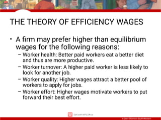 © 2007 Thomson South-Western
THE THEORY OF EFFICIENCY WAGES
•
–
–
–
–
A ﬁrm may prefer higher than equilibrium
wages for t...